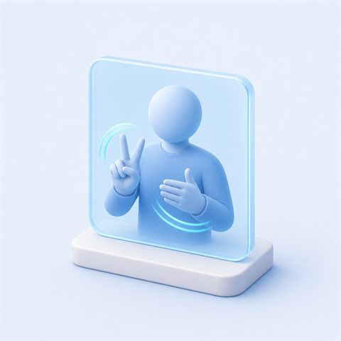 AI가 수어 동작을 자동으로 생성하는 모습을 표현한 일러스트